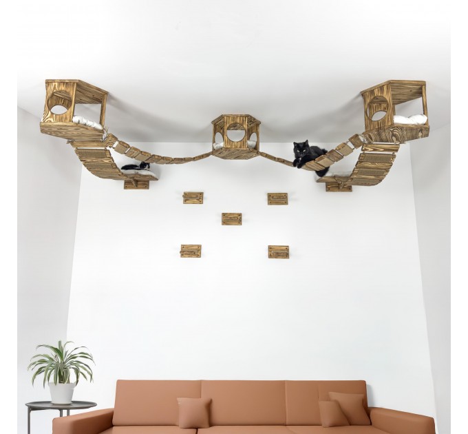 Cat ceiling furniture set with hexagon shelves and wooden floating bridge