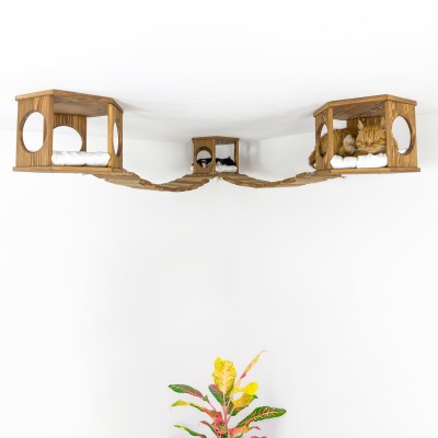 Wooden play furniture ceiling climber with hexagon shelves and wooden ceiling bridge