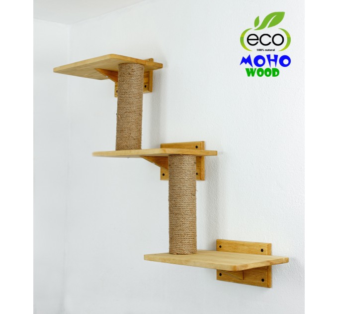Cat shelves three step wooden bed - Multi-level natural pet haven