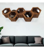 Cat hexagon wall furniture - wooden kitten shelf & bed