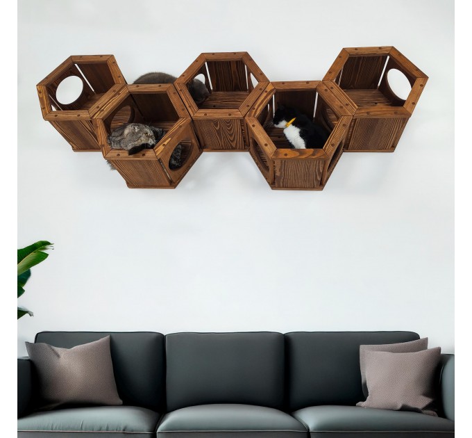 Cat hexagon wall shelf – perfect wooden climbing bed for cats