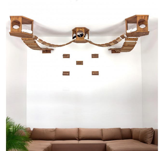 Ceiling mounted hexagon shelf and steps for wall - wooden floating bridge