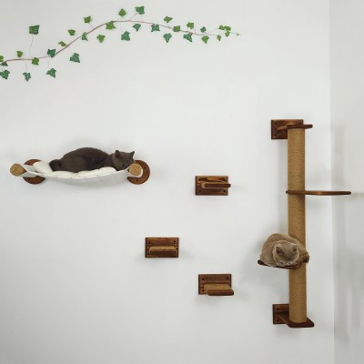 Wooden wall mounted furniture set for cats, natural retreat for pet activity