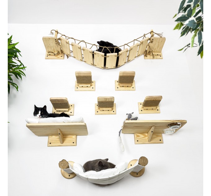 Wooden cat wall furniture set with bridge