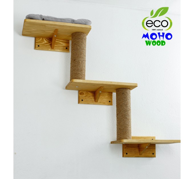 Cat shelves three step wooden bed - Multi-level natural pet haven