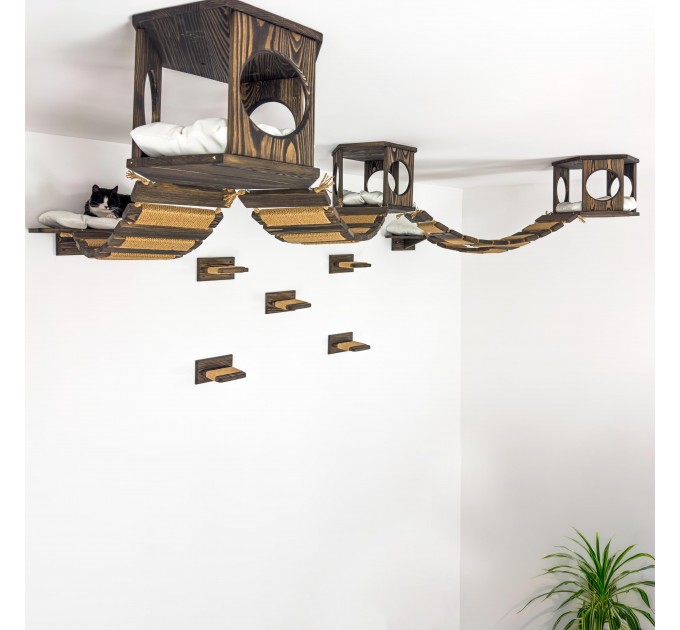 Ceiling mounted hexagon shelf and steps for wall - wooden floating bridge