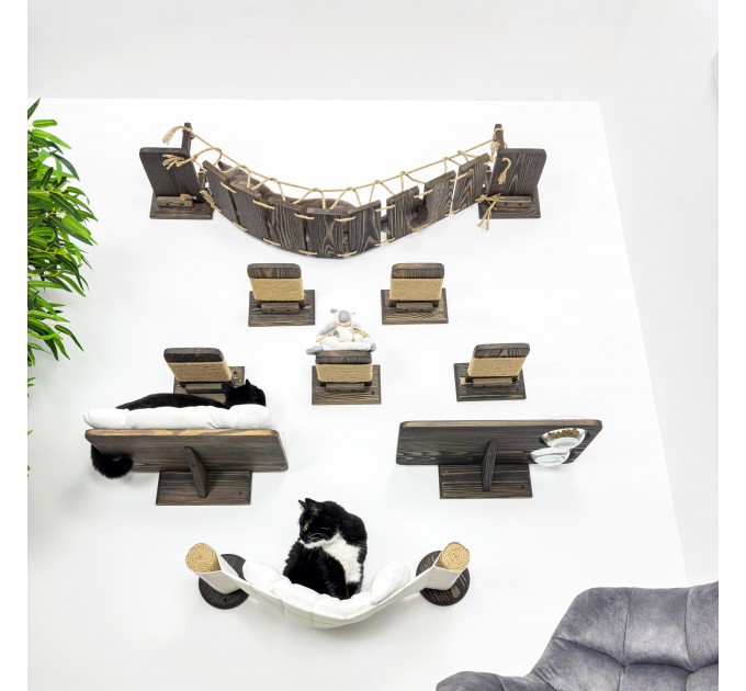 Wooden cat wall furniture set with bridge