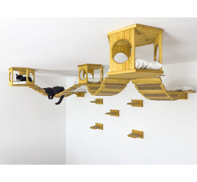 Cat ceiling furniture set with hexagon shelves and wooden floating bridge