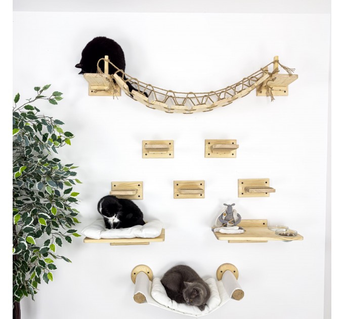 Wooden cat wall furniture set with bridge