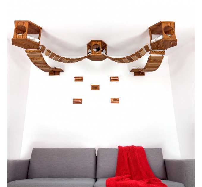 Cat ceiling furniture set with hexagon shelves and wooden floating bridge