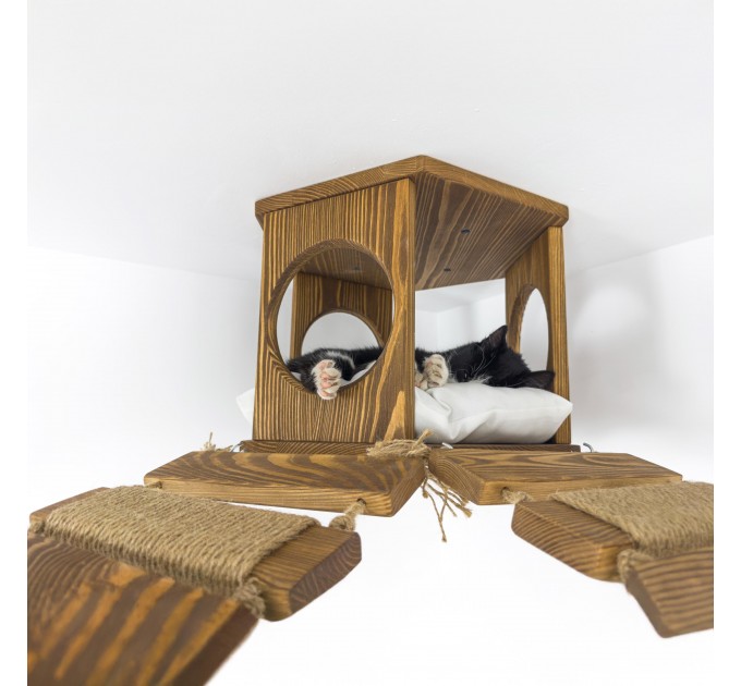 Hexagon shelves with ceiling mounted bridge - wooden ceiling playground set