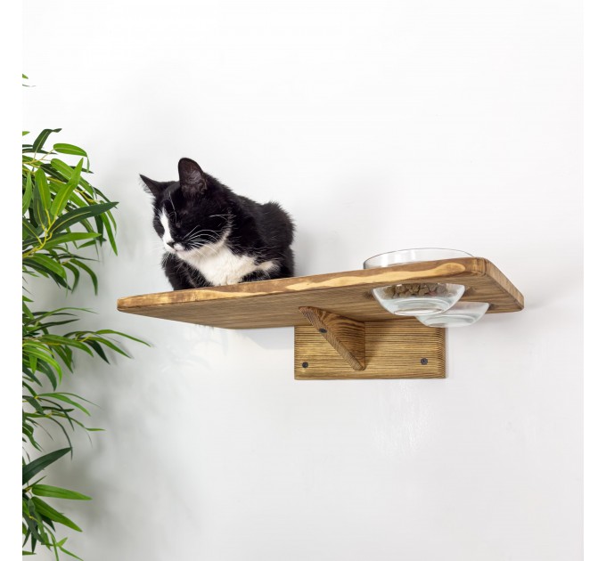 Wall mounted wooden cat rack furniture with 2 food and water bowls