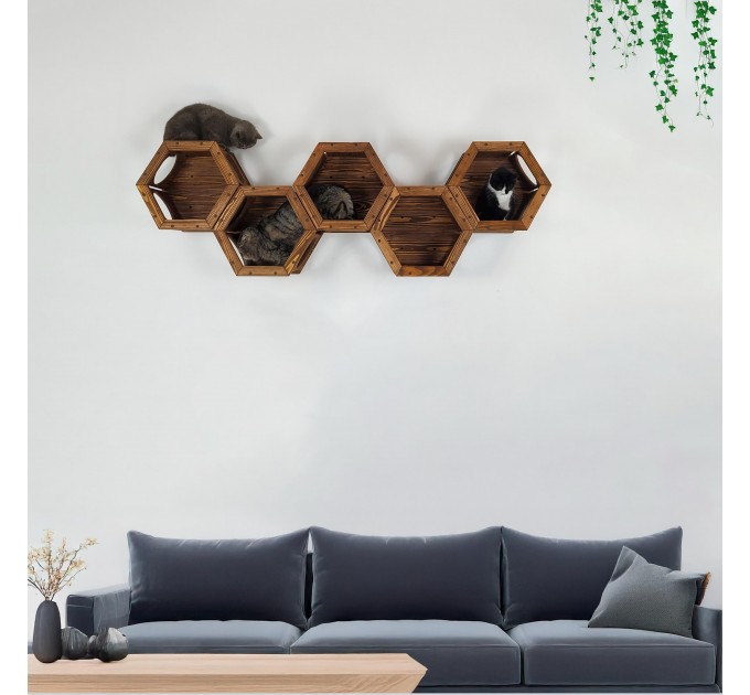 Cat hexagon wall shelf – perfect wooden climbing bed for cats