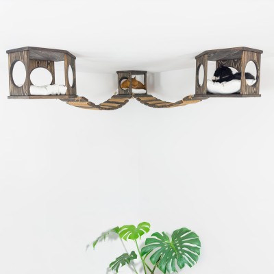 Wooden ceiling playground set with hexagon shelves and ceiling mounted bridge