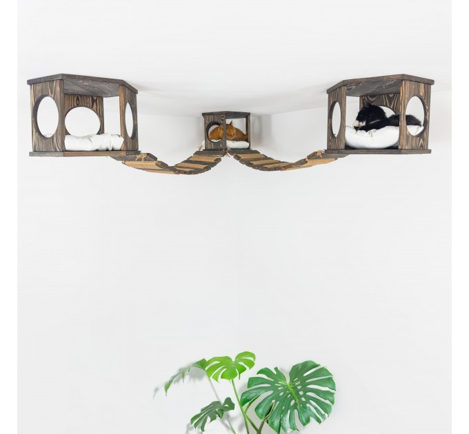 Hexagon shelves with ceiling mounted bridge - wooden ceiling playground set