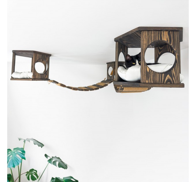 Hexagon shelves with ceiling mounted bridge - wooden ceiling playground set