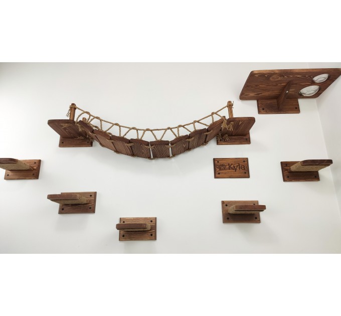 Climbing cat bridge set with feeder and steps – wall-mounted playground