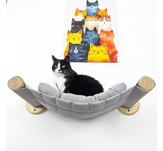 Space-saving wall hammock with pillow for modern cats
