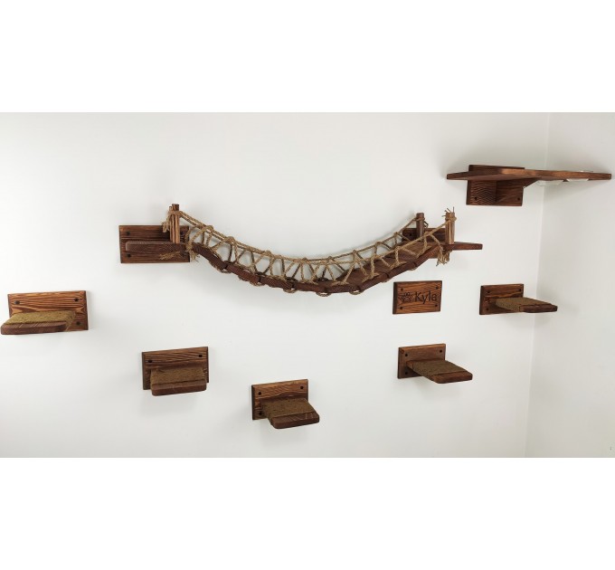 Climbing cat bridge set with feeder and steps – wall-mounted playground