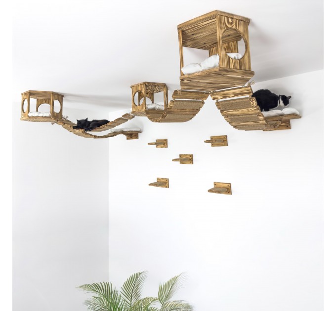 Ceiling mounted hexagon shelf and steps for wall - wooden floating bridge