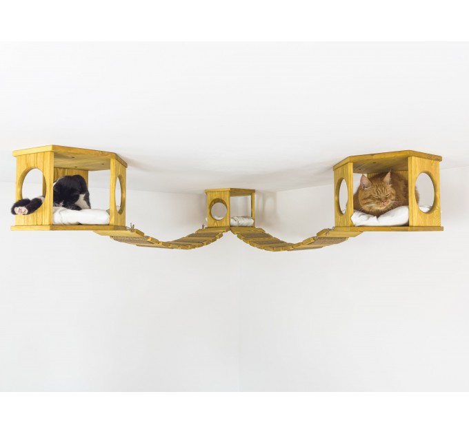 Hexagon shelves with ceiling mounted bridge - wooden ceiling playground set