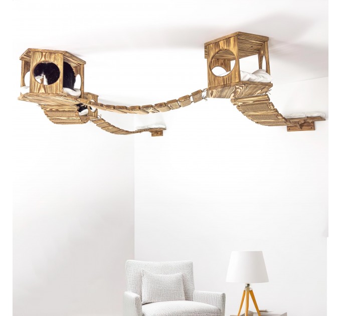 Wall-mounted bed and bridge with wooden kitten house