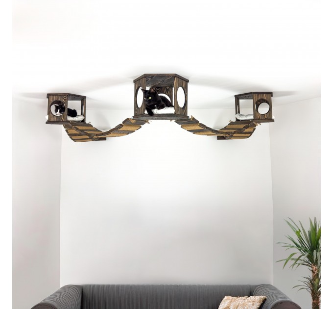 Ceiling mounted bed with pillow and 3 hexagon ceiling shelf