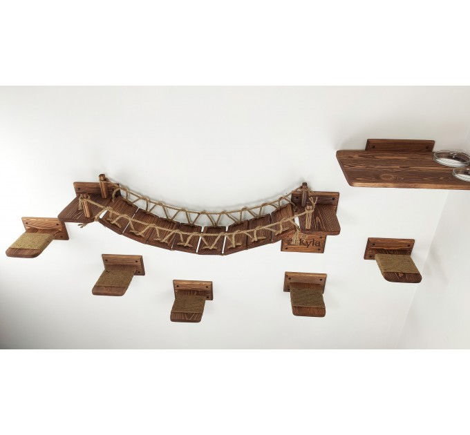 Climbing cat bridge set with feeder and steps – wall-mounted playground