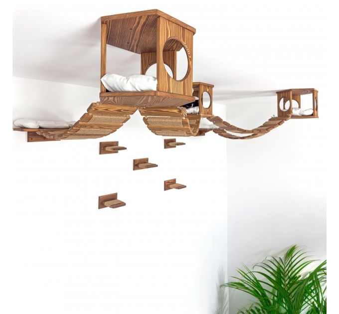 Cat ceiling furniture set with hexagon shelves and wooden floating bridge