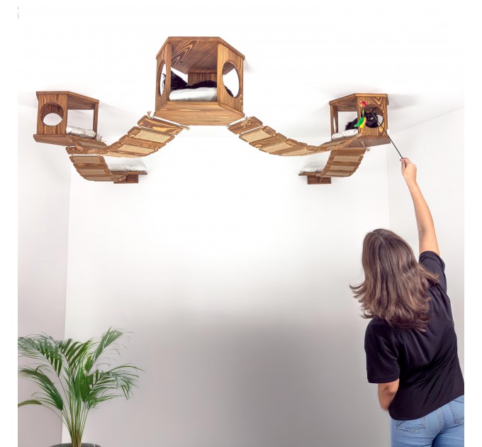 Ceiling mounted bed with pillow and 3 hexagon ceiling shelf