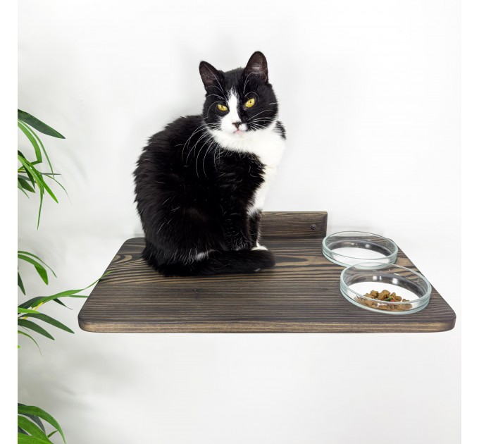 Wall mounted wooden cat rack furniture with 2 food and water bowls