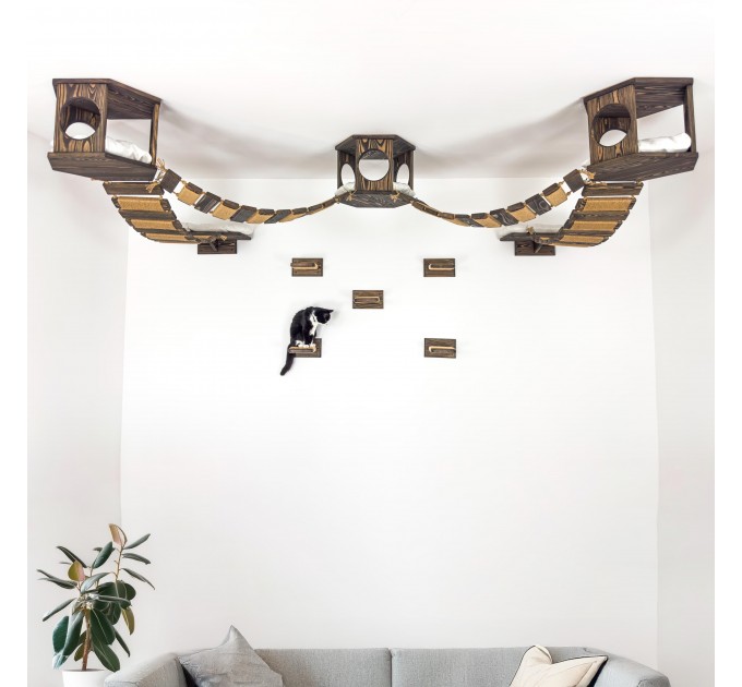 Ceiling mounted hexagon shelf and steps for wall - wooden floating bridge
