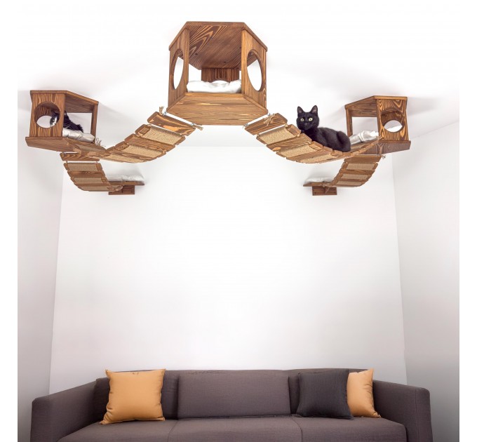 Ceiling mounted bed with pillow and 3 hexagon ceiling shelf