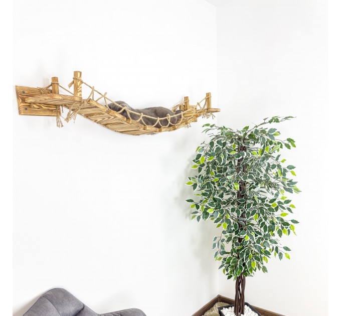 Comfortable cat bridge and wall shelves – custom climbing furniture