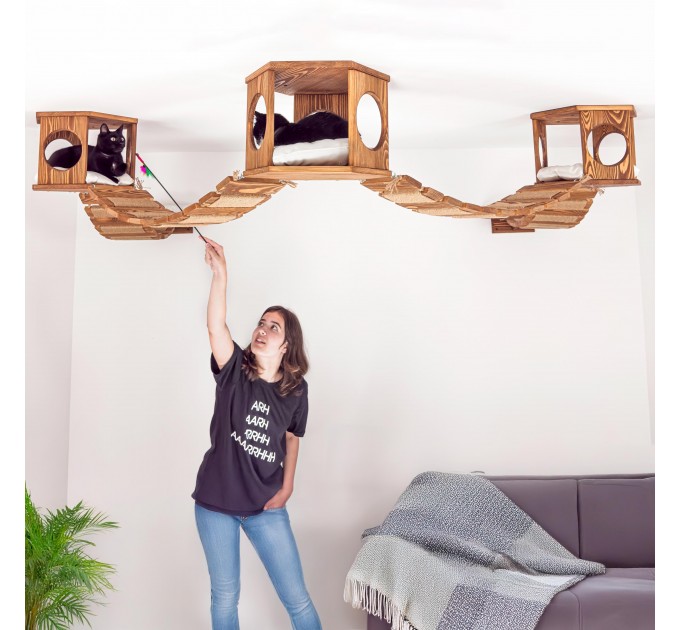Wall-mounted bed and bridge with wooden kitten house