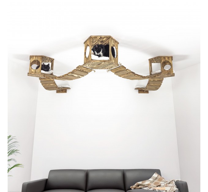 Ceiling mounted bed with pillow and 3 hexagon ceiling shelf