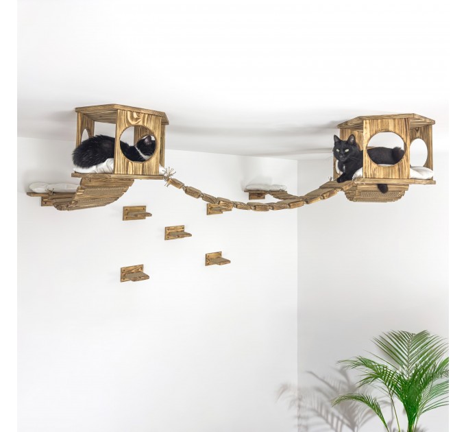 Ceiling mounted hexagon shelf and steps for wall - wooden floating bridge