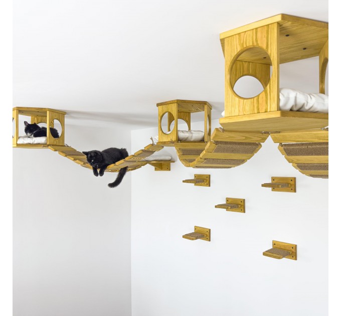 Ceiling mounted hexagon shelf and steps for wall - wooden floating bridge