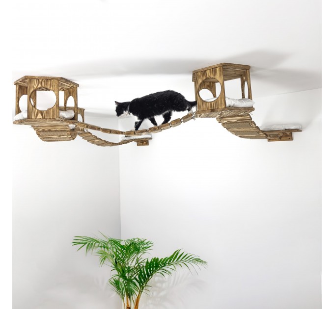 Wall-mounted bed and bridge with wooden kitten house
