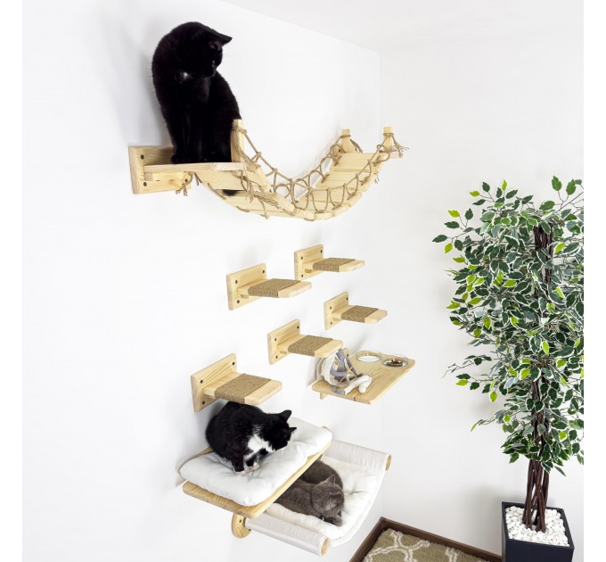 Natural wood wall-mounted cat bridge set for elevated adventures