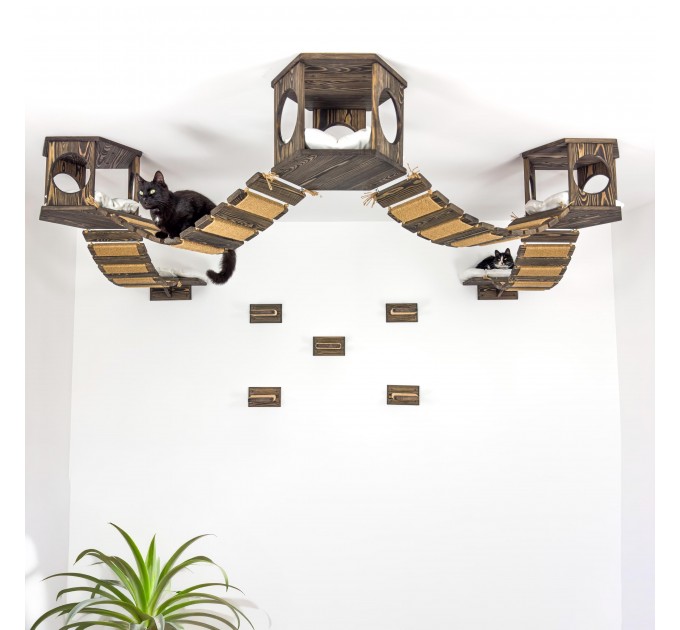 Cat ceiling furniture set with hexagon shelves and wooden floating bridge