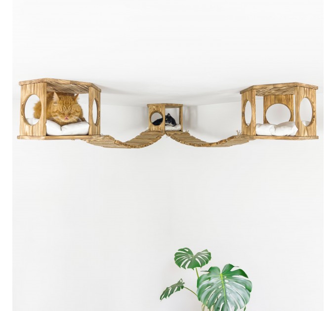 Hexagon shelves with ceiling mounted bridge - wooden ceiling playground set