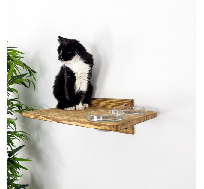 Wall mounted wooden cat rack furniture with 2 food and water bowls