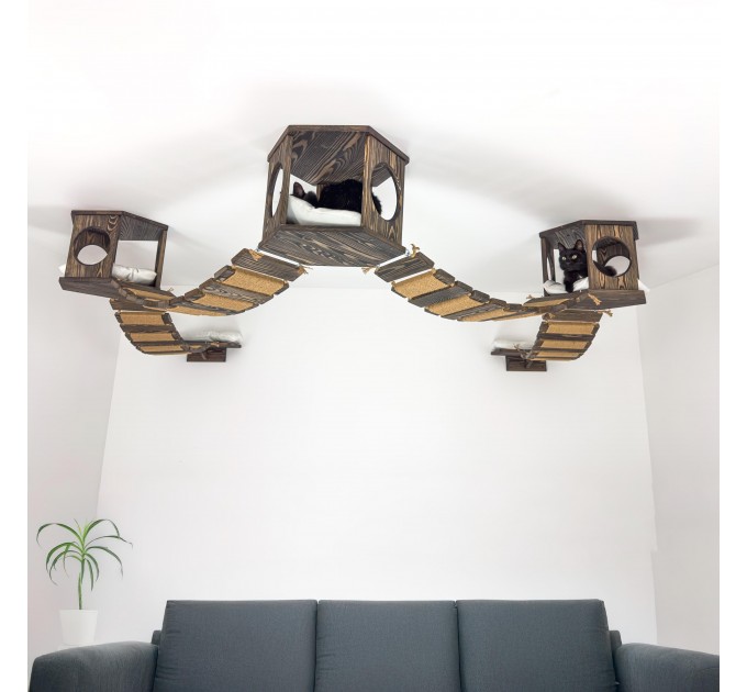 Wall-mounted bed and bridge with wooden kitten house