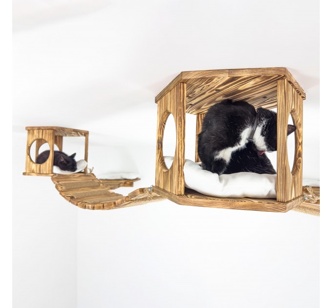 Ceiling mounted bed with pillow and 3 hexagon ceiling shelf