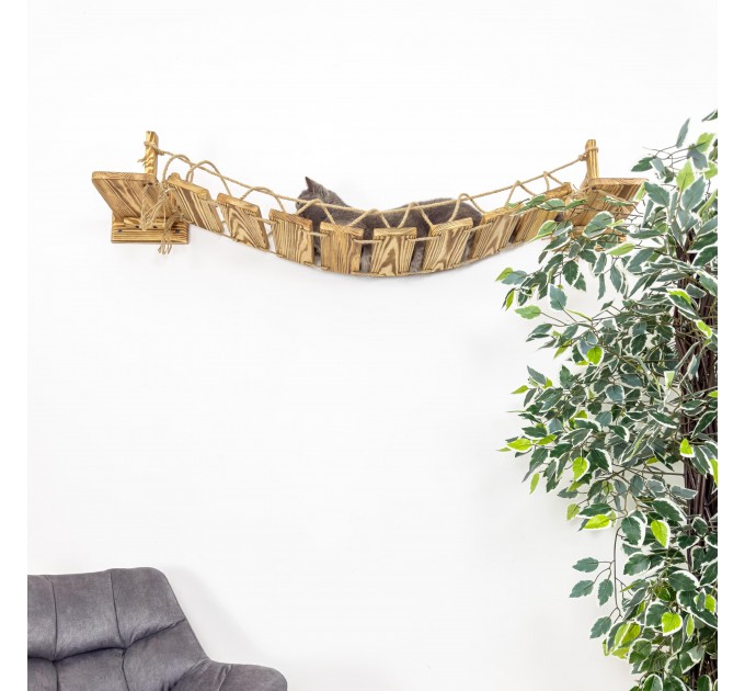 Comfortable cat bridge and wall shelves – custom climbing furniture