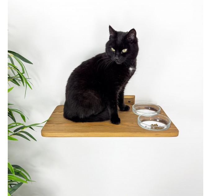 Wall mounted wooden cat rack furniture with 2 food and water bowls
