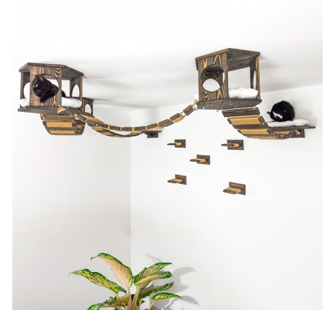 Cat ceiling furniture set with hexagon shelves and wooden floating bridge