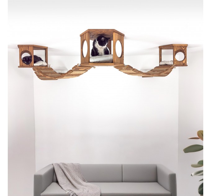Ceiling mounted bed with pillow and 3 hexagon ceiling shelf