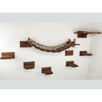 Cat wall furniture set – floating wooden bridge, steps & feeder shelf